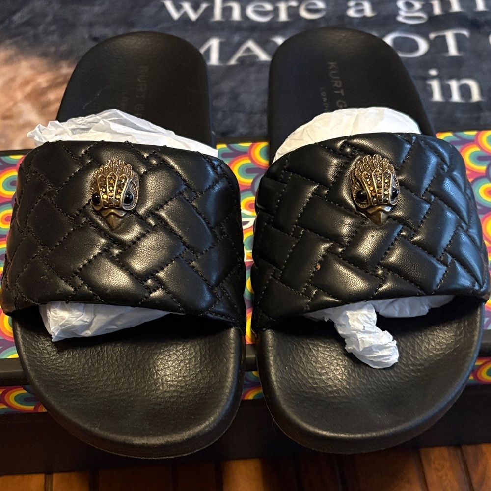Kurt Geiger Black Quilted Slide Sandals with Gold Crown Accent